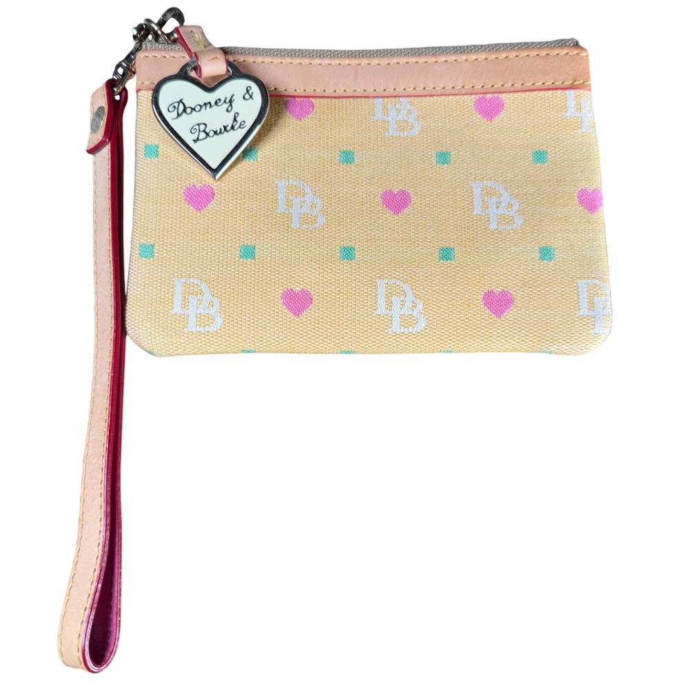 Dooney & Bourke Monogram Heart Wristlet Pouch Women Yellow Pink Teal Canvas
